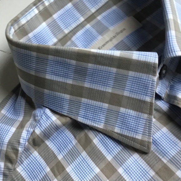 Erminegildo Zegna  Pale blue & green checks cotton shirt Sz L made in Italy 🇮🇹 - Picture 4 of 11